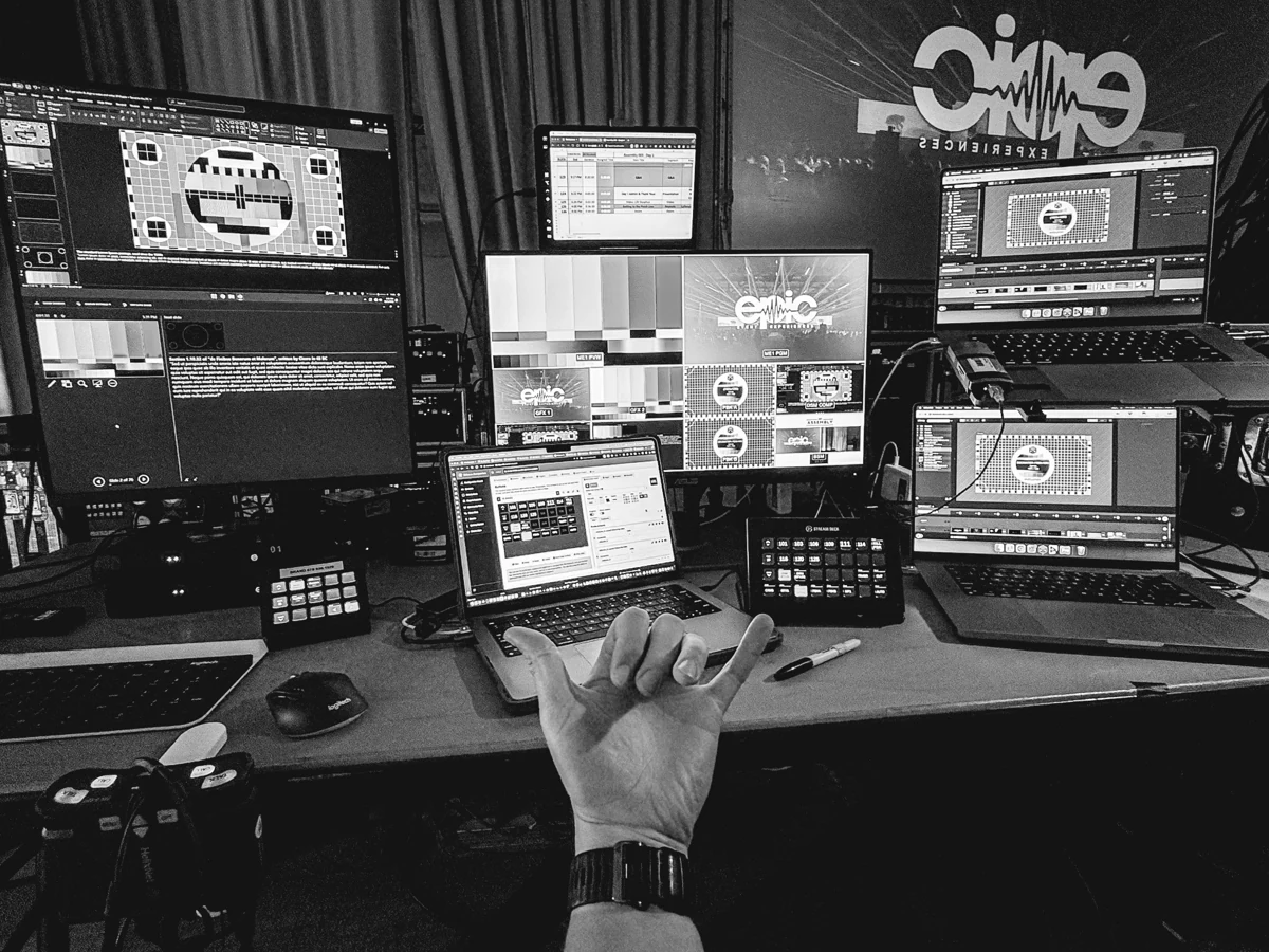 Video control position with switcher, playback laptops, and multiview monitors